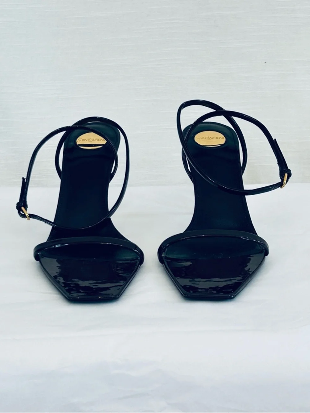 Saint Laurent Designer Patent Leather Strappy Sandals with Gold Heels - Picture 4 of 13